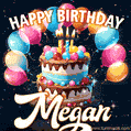 Hand-drawn happy birthday cake adorned with an arch of colorful balloons - name GIF for Megan