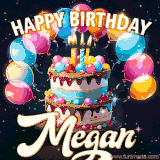 Bright birthday animation for Megan with a chocolate cake, candles, balloons, and glowing celebratory lights.