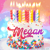 A cheerful white birthday cake with multicolor sprinkles, lit candles, and 'Megan' written in vibrant letters, in an animated GIF.