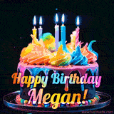 A mesmerizing animated cake with multicolor frosting and candles, and the words 'Happy Birthday Megan' on the black background.