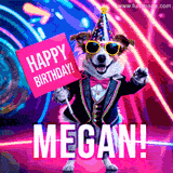 Animated GIF of a cool dog wearing a suit and sunglasses, holding a 'Happy Birthday' sign for Megan, set against a bright and colorful neon party background.
