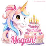 An adorable animated unicorn with soft pastel colors sits beside a birthday cake with glowing candles, and a pink 'Happy Birthday Megan!' words.