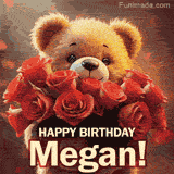 Cinematic style cute animated teddy bear with charming features holding a large bouquet of red roses, the words say 'Happy Birthday Megan' in sans serif font.