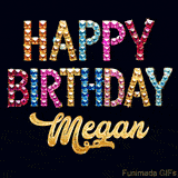 Vibrant luxury birthday greeting card for Megan, showing glittering gemstone letters and golden calligraphy on a dark background with twinkling shine effects.
