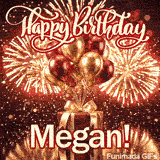 Metallic gold and red party balloons tied to a luxury gift package under a sky filled with bright firework bursts, made for Megan.