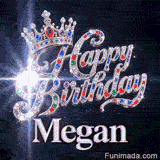 A luxury silver queen crown with colorful gems sitting on top of shiny diamond-encrusted cursive letters spelling Happy Birthday.Megan