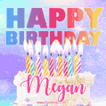 Animated Happy Birthday Cake with Name Megan and Burning Candles