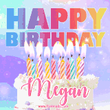 A vibrant animated name GIF with the words 'Happy Birthday Megan' with colorful candles on a creamy cake. The background sparkles with pastel shades, adding a festive touch.