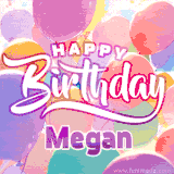 A vibrant name GIF featuring colorful balloons in shades of pink, orange, and yellow with the bold text 'Happy Birthday Megan' in festive fonts, creating a lively birthday vibe.