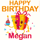 A vibrant and funny gift box character with a happy face dancing with a cupcake and the text 'Happy Birthday Megan,' surrounded by animated confetti and party vibes.