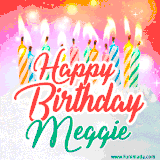 Bright birthday candles with rainbow flames on a cake, alongside the text 'Happy Birthday Meggie' in vibrant script in this celebratory animated GIF.