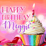 A vibrant birthday GIF featuring a rainbow-colored cupcake topped with white frosting, sprinkles, and a lit candle. The text reads 'Happy Birthday Meggie' in bold pink and violet letters with white outline.