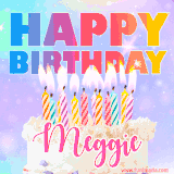 A vibrant animated name GIF with the words 'Happy Birthday Meggie' with colorful candles on a creamy cake. The background sparkles with pastel shades, adding a festive touch.
