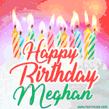 Bright birthday candles with rainbow flames on a cake, alongside the text 'Happy Birthday Meghan' in vibrant script in this celebratory animated GIF.