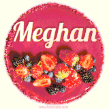 Beautifully decorated red velvet berry birthday cake with vibrant fruits and a glowing 'Meghan' name, adding a touch of sweetness and sparkle.