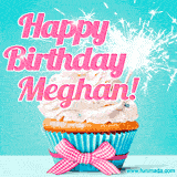 A festive cupcake with pink icing, a gingham bow, and a lit animated sparkler, paired with 'Happy Birthday Meghan!' in bright pink text.