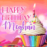 A vibrant birthday GIF featuring a rainbow-colored cupcake topped with white frosting, sprinkles, and a lit candle. The text reads 'Happy Birthday Meghan' in bold pink and violet letters with white outline.