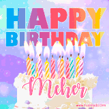 A vibrant animated name GIF with the words 'Happy Birthday Meher' with colorful candles on a creamy cake. The background sparkles with pastel shades, adding a festive touch.
