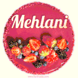 Beautifully decorated red velvet berry birthday cake with vibrant fruits and a glowing 'Mehlani' name, adding a touch of sweetness and sparkle.