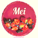 Beautifully decorated red velvet berry birthday cake with vibrant fruits and a glowing 'Mei' name, adding a touch of sweetness and sparkle.