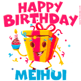 A vibrant and funny gift box character with a happy face dancing with a cupcake and the text 'Happy Birthday Meihui,' surrounded by animated confetti and party vibes.
