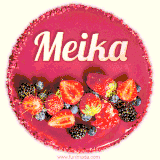 Beautifully decorated red velvet berry birthday cake with vibrant fruits and a glowing 'Meika' name, adding a touch of sweetness and sparkle.