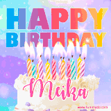 A vibrant animated name GIF with the words 'Happy Birthday Meika' with colorful candles on a creamy cake. The background sparkles with pastel shades, adding a festive touch.