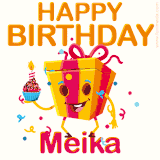 A vibrant and funny gift box character with a happy face dancing with a cupcake and the text 'Happy Birthday Meika,' surrounded by animated confetti and party vibes.