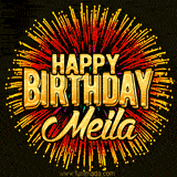 Golden 'Happy Birthday Meila' text accompanied by animated rainbow fireworks for a festive animated greeting.