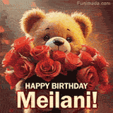 Cinematic style cute animated teddy bear with charming features holding a large bouquet of red roses, the words say 'Happy Birthday Meilani' in sans serif font.