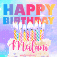 Animated Happy Birthday Cake with Name Meilani and Burning Candles