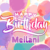 A vibrant name GIF featuring colorful balloons in shades of pink, orange, and yellow with the bold text 'Happy Birthday Meilani' in festive fonts, creating a lively birthday vibe.
