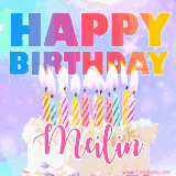 A vibrant animated name GIF with the words 'Happy Birthday Meilin' with colorful candles on a creamy cake. The background sparkles with pastel shades, adding a festive touch.