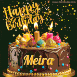 A delightful chocolate birthday cake with bright candles and 'Happy Birthday Meira' written in gold amidst a shower of animated stars.