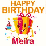 A vibrant and funny gift box character with a happy face dancing with a cupcake and the text 'Happy Birthday Meira,' surrounded by animated confetti and party vibes.