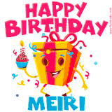 A vibrant and funny gift box character with a happy face dancing with a cupcake and the text 'Happy Birthday Meiri,' surrounded by animated confetti and party vibes.