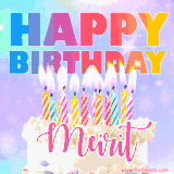 A vibrant animated name GIF with the words 'Happy Birthday Meirit' with colorful candles on a creamy cake. The background sparkles with pastel shades, adding a festive touch.