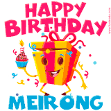 A vibrant and funny gift box character with a happy face dancing with a cupcake and the text 'Happy Birthday Meirong,' surrounded by animated confetti and party vibes.