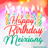 Bright birthday candles with rainbow flames on a cake, alongside the text 'Happy Birthday Meixiang' in vibrant script in this celebratory animated GIF.