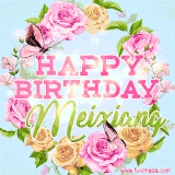 A charming animated GIF featuring 'Happy Birthday Meixiang' in pink and green text, surrounded by delicate roses, leaves, and fluttering butterflies on a soft light blue pastel background.