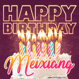 A colorful birthday cake topped with lit candles, with the words 'Happy Birthday Meixiang' in bold glowing letters on a burgundy background. Animated flames add a festive touch.