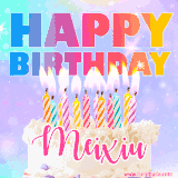 A vibrant animated name GIF with the words 'Happy Birthday Meixiu' with colorful candles on a creamy cake. The background sparkles with pastel shades, adding a festive touch.