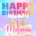 Animated Happy Birthday Cake with Name Melaena and Burning Candles