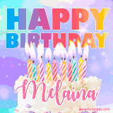 A vibrant animated name GIF with the words 'Happy Birthday Melaina' with colorful candles on a creamy cake. The background sparkles with pastel shades, adding a festive touch.