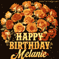 Beautiful bouquet of orange and red roses for Melanie, golden inscription and twinkling stars