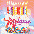 Personalized for Melanie elegant birthday cake adorned with rainbow sprinkles, colorful candles and glitter