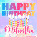 Animated Happy Birthday Cake with Name Melantha and Burning Candles