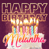A colorful birthday cake topped with lit candles, with the words 'Happy Birthday Melantha' in bold glowing letters on a burgundy background. Animated flames add a festive touch.