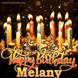 A glowing personalized birthday GIF with name Melany featuring lit candles with intricate designs, warm lighting, and the text 'Happy Birthday' in an elegant font.