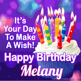 A colorful birthday GIF for Melany featuring a cupcake with vibrant lit candles and the text 'It's Your Day to Make a Wish! Happy Birthday Melany' in bold letters on a festive purple background.